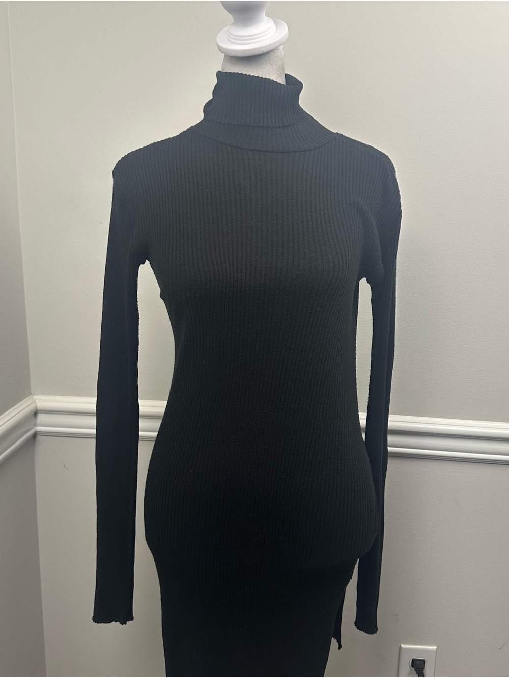 Helmut Lang Black Ribbed Mock Neck Long-Sleeve Tunic S